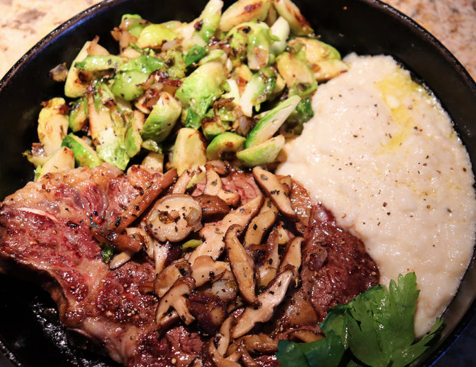 Seared Ribeye with Sautéed Brussel Sprouts, Shiitakes, and Mashed Cauliflower
